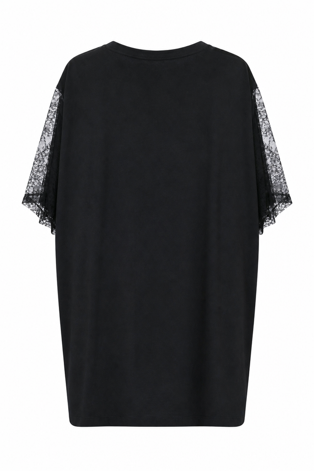Valentino Black Logo Lace Panel Oversized T-Shirt Dress
