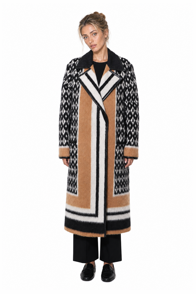 Valentino optical monogram alpaca-mohair wrap long coat in black, camel and ivory