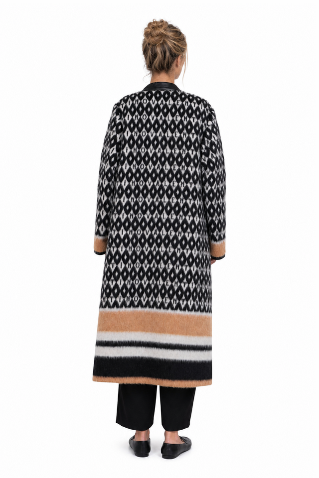 Valentino optical monogram alpaca-mohair wrap long coat in black, camel and ivory
