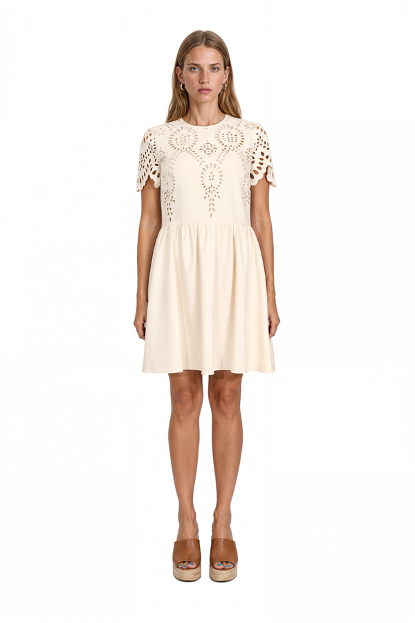 Valentino cream broderie anglaise eyelet fit-and-flare mini dress