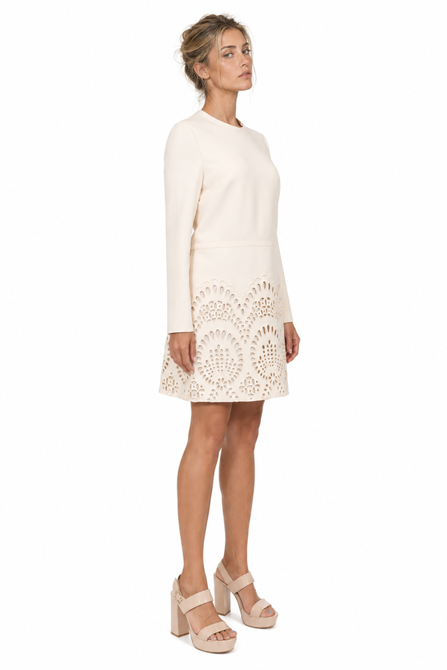 Valentino Ivory Laser-Cut Hem Shift Dress