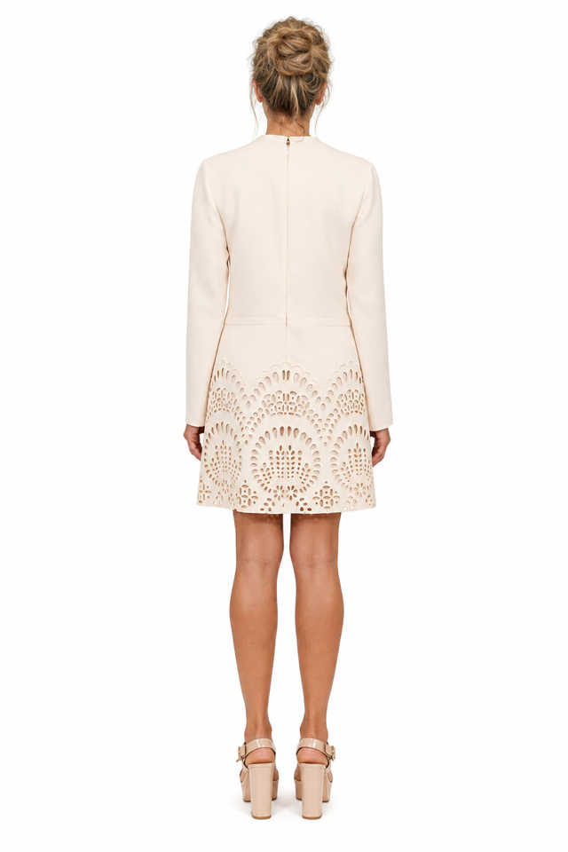 Valentino Ivory Laser-Cut Hem Shift Dress