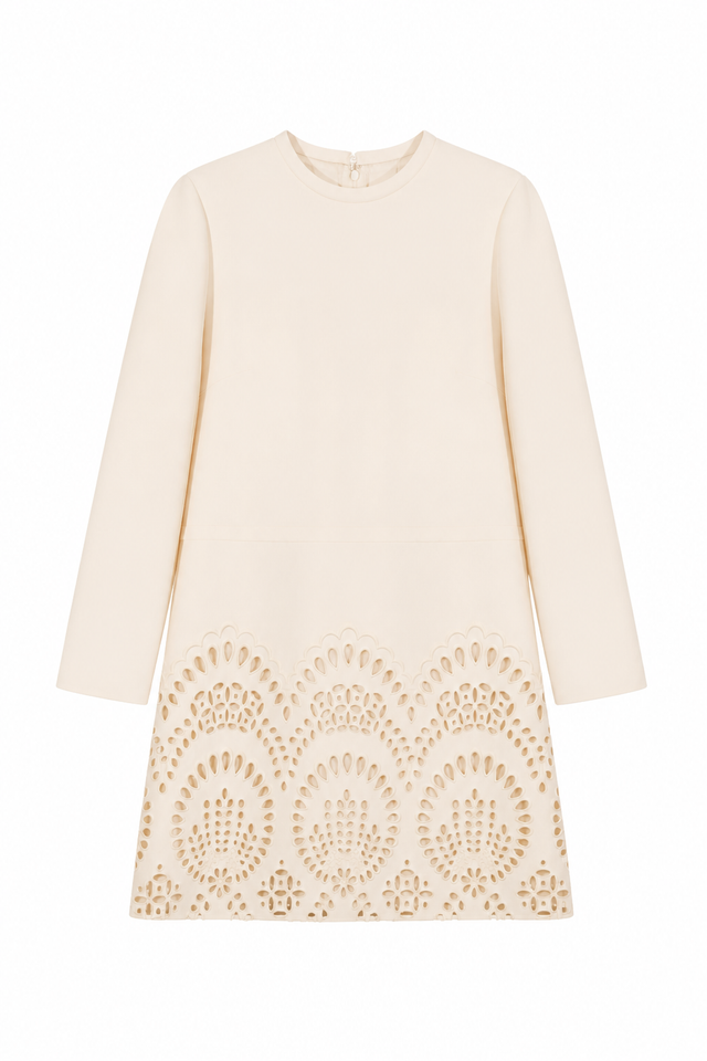 Valentino Ivory Laser-Cut Hem Shift Dress