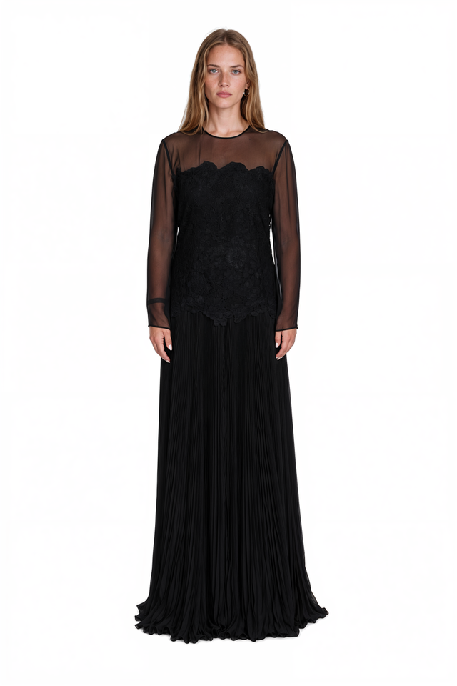 Valentino black gown with corded lace bodice and pleated chiffon skirt – front view