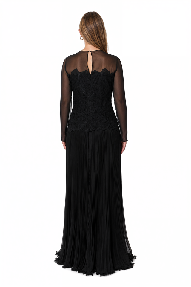 Back view of a Valentino black lace and pleated chiffon gown
