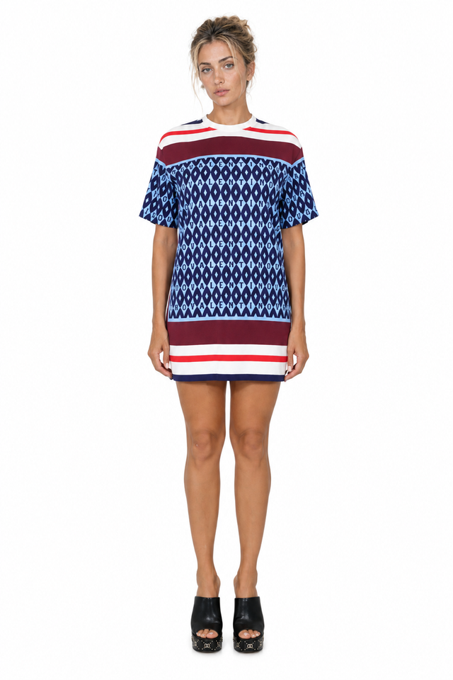 Valentino Logo Monogram Striped Short-Sleeve Mini Dress