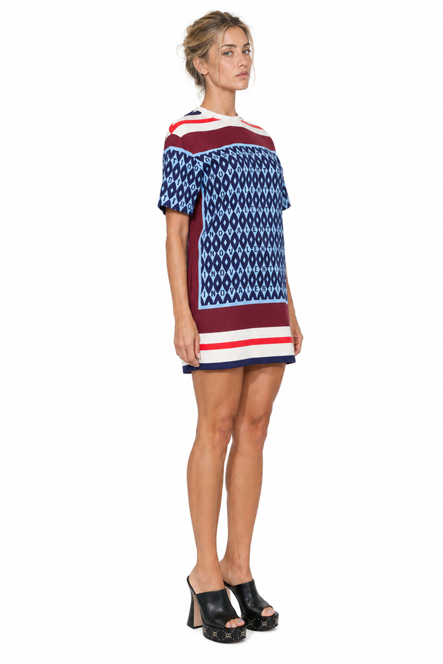 Valentino Logo Monogram Striped Short-Sleeve Mini Dress