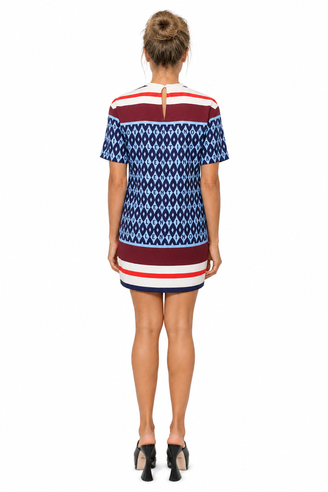 Valentino Logo Monogram Striped Short-Sleeve Mini Dress