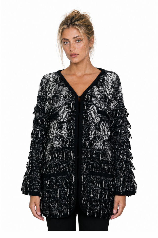 Valentino Floral Tapestry Fringed Bouclé Cardigan Jacket in Black & White