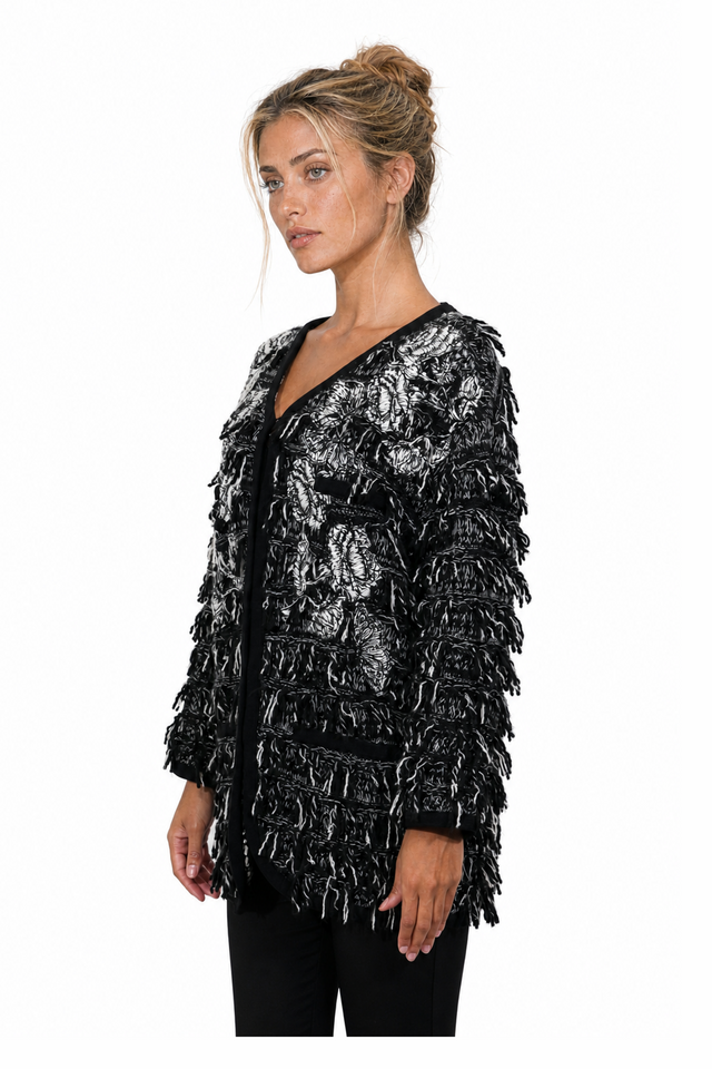 Valentino Floral Tapestry Fringed Bouclé Cardigan Jacket in Black & White