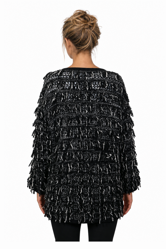 Valentino Floral Tapestry Fringed Bouclé Cardigan Jacket in Black & White