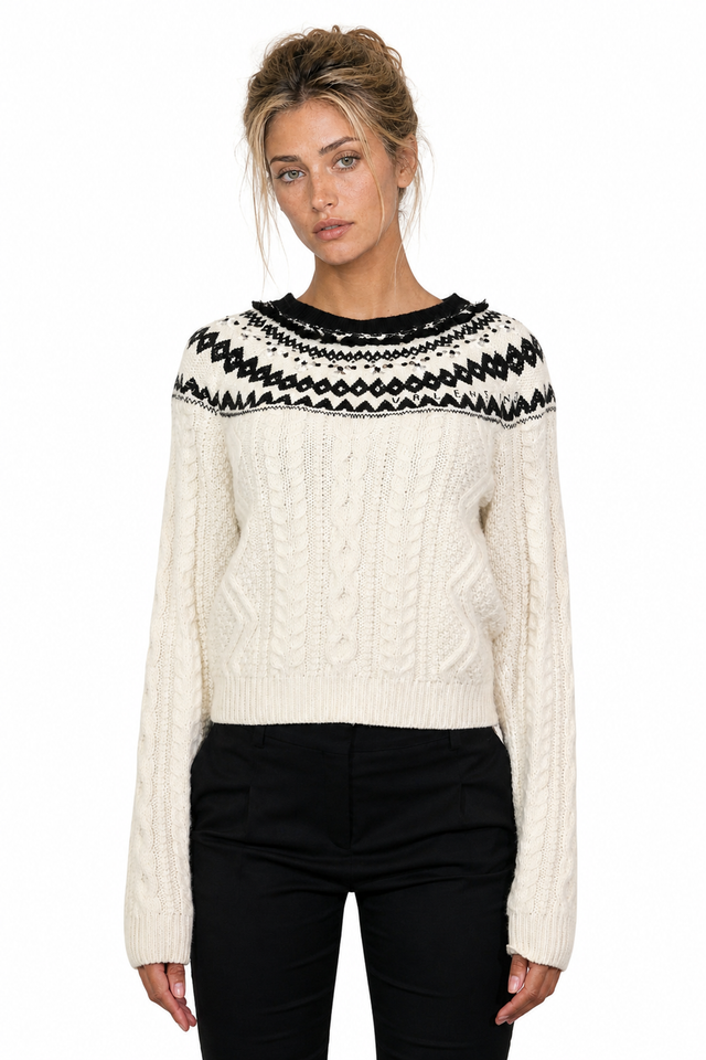 Valentino Cable-Knit Fair Isle Jacquard Sweater in Ivory White & Black
