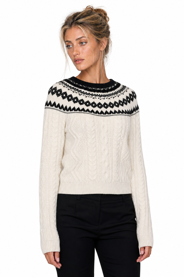 Valentino Cable-Knit Fair Isle Jacquard Sweater in Ivory White & Black