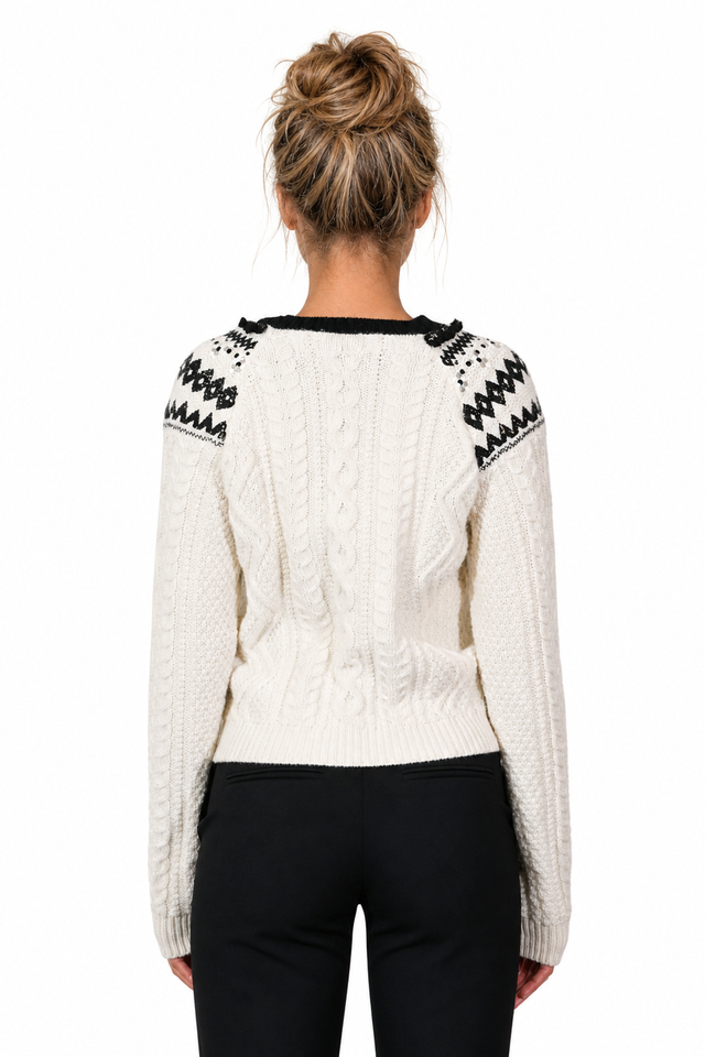 Valentino Cable-Knit Fair Isle Jacquard Sweater in Ivory White & Black