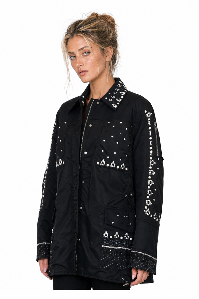 Valentino Embellished Logo Collar Technical Field Jacket in Jet Black