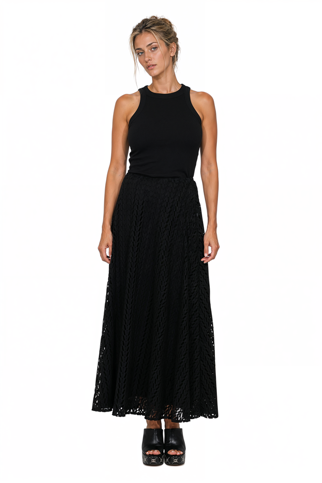 Valentino Textured Lace A-Line Maxi Skirt in Black