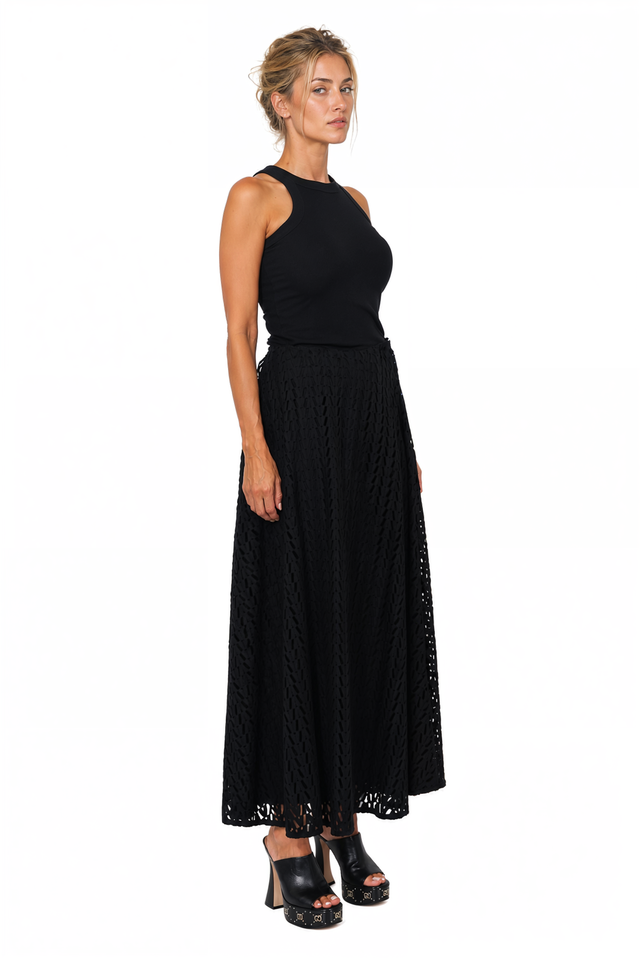 Valentino Textured Lace A-Line Maxi Skirt in Black