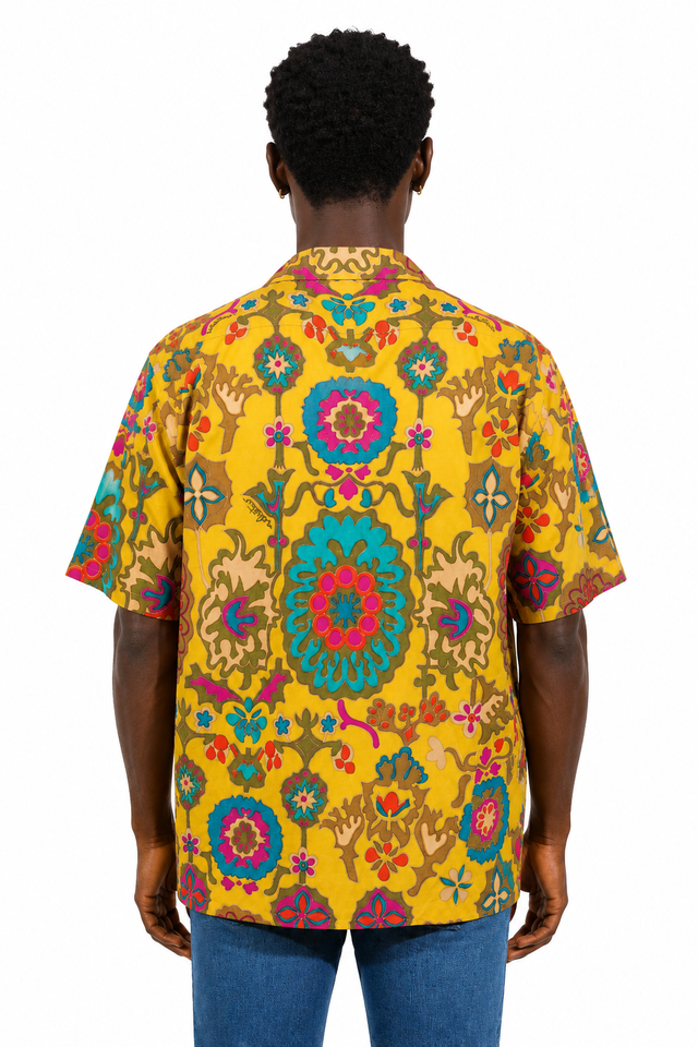 Valentino Men’s Yellow Baroque Print Camp Collar Short Sleeve Shirt