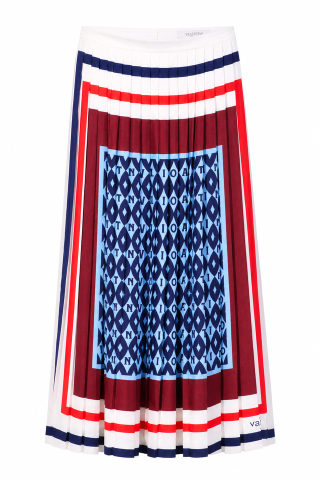 Valentino Pleated Logo Print Silk Midi Skirt
