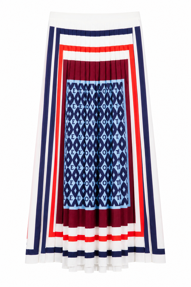 Valentino Pleated Logo Print Silk Midi Skirt