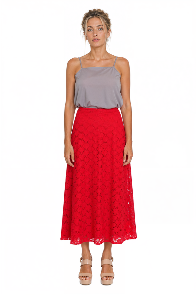 Valentino Floral Lace A-Line Midi Skirt in Red