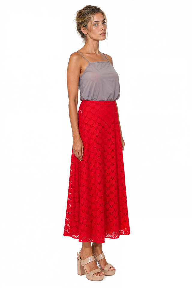 Valentino Floral Lace A-Line Midi Skirt in Red