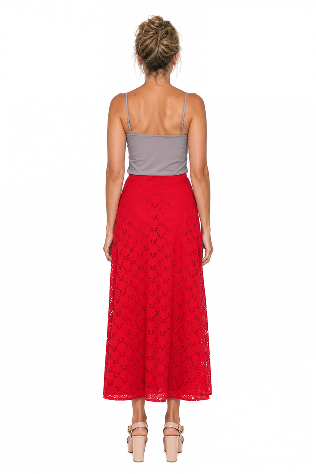 Valentino Floral Lace A-Line Midi Skirt in Red