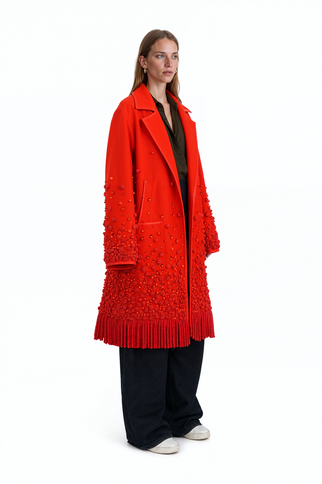 Valentino orange-red wool coat with beaded embellishment and cord fringe hem – front view