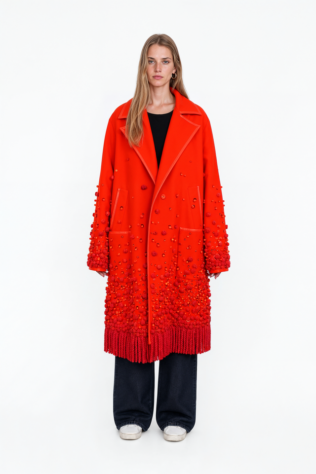 Side view of a Valentino orange beaded wool coat showing the oversized silhouette and fringe hem