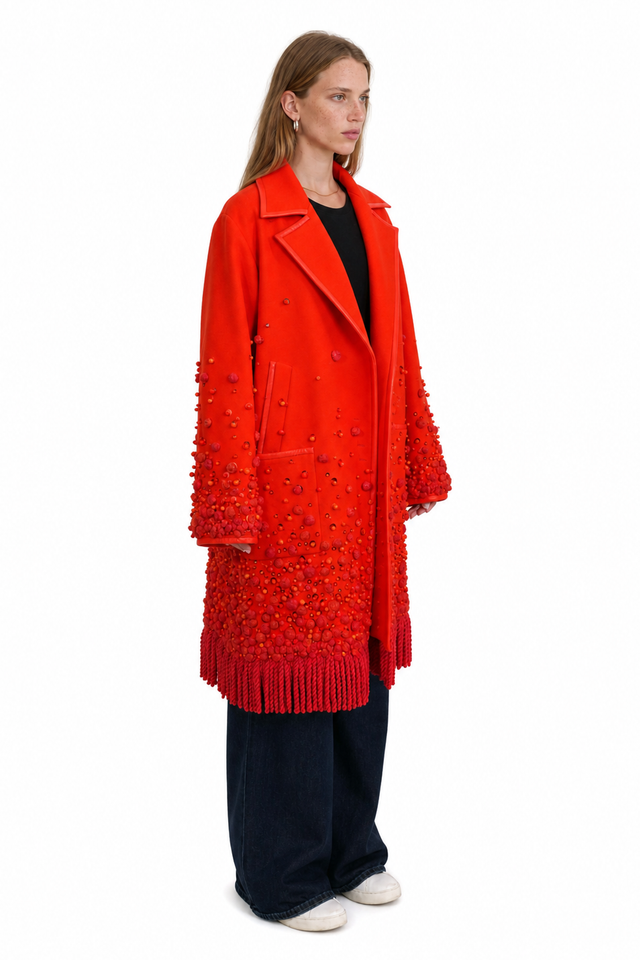 Valentino Beaded Fringe Hem Coat – Orange Oversized Wool Coat
