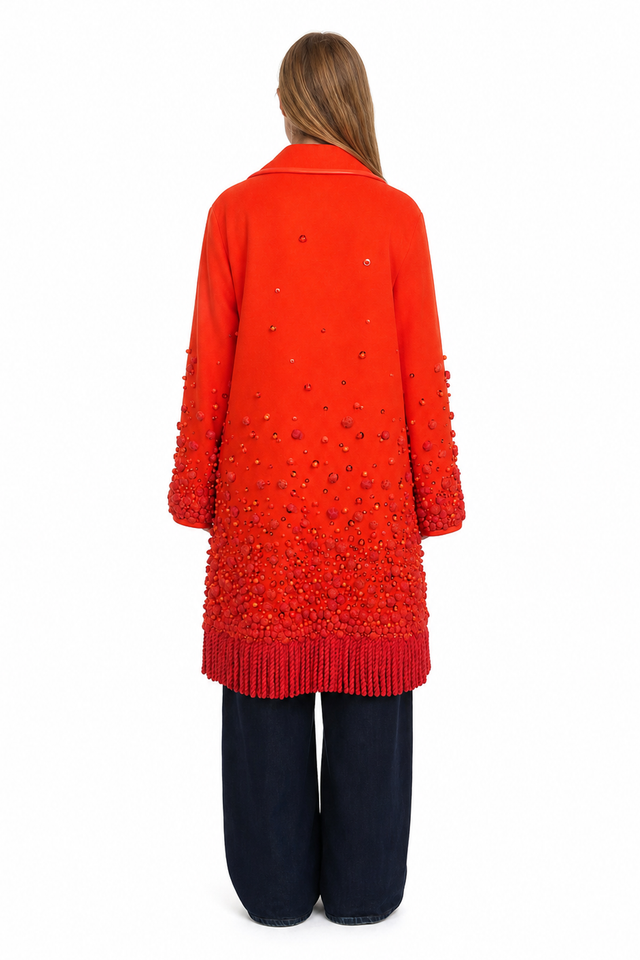 Valentino Beaded Fringe Hem Coat – Orange Oversized Wool Coat