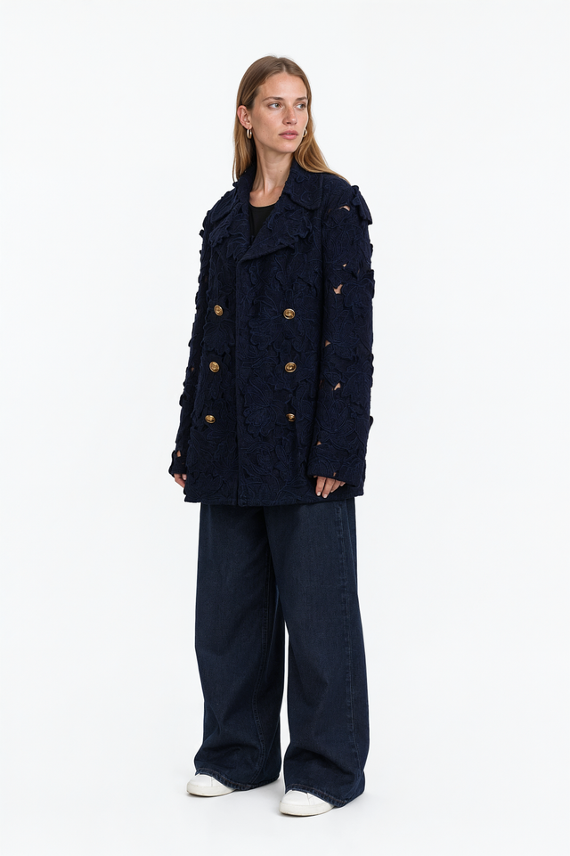 Valentino navy wool cutwork floral peacoat with gold double-breasted buttons – front view