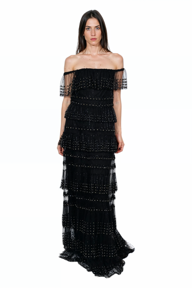 Valentino Off-Shoulder Tiered Beaded Gown