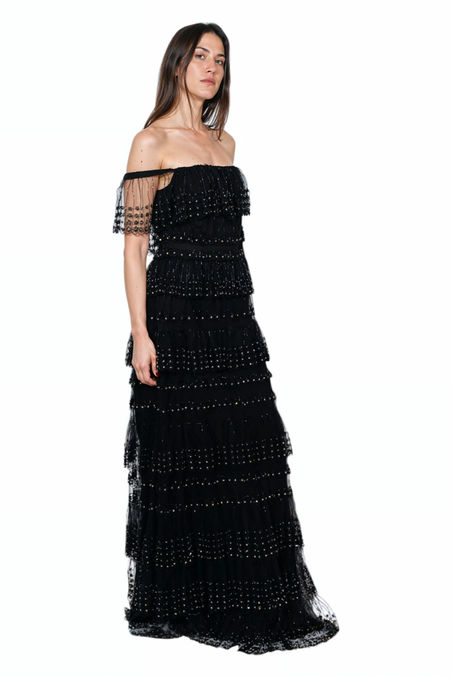 Valentino Off-Shoulder Tiered Beaded Gown