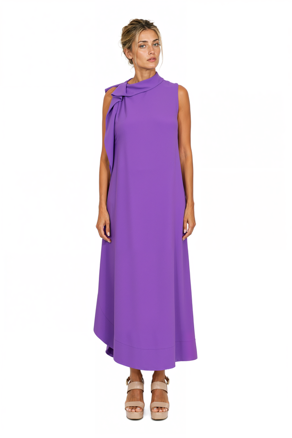 Valentino Sleeveless High-Neck Cascading Drape Maxi Dress in Purple