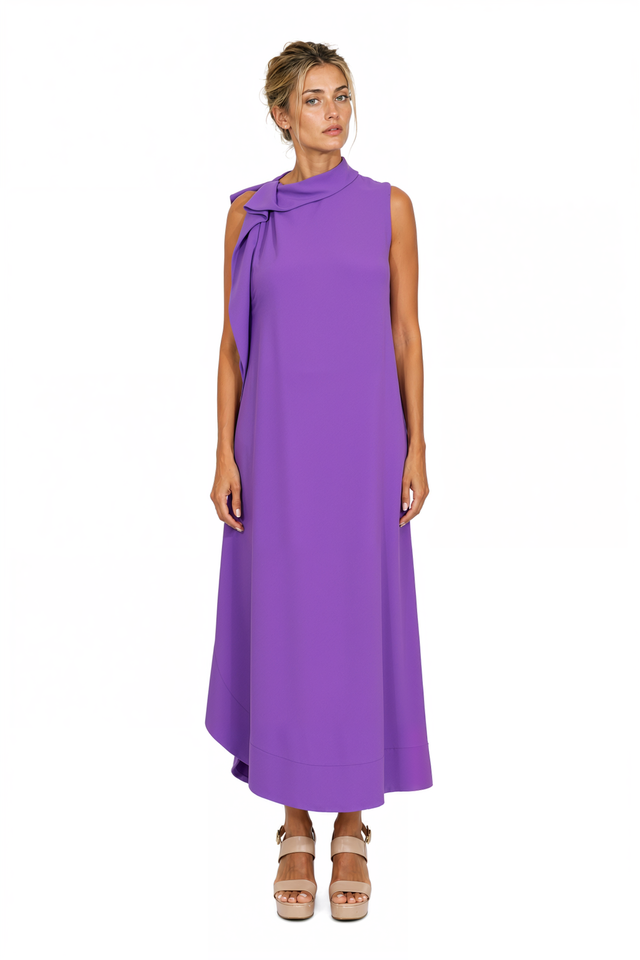 Valentino Sleeveless High-Neck Cascading Drape Maxi Dress in Purple