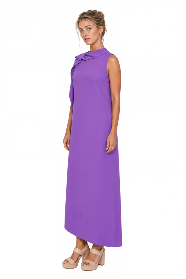 Valentino Sleeveless High-Neck Cascading Drape Maxi Dress in Purple