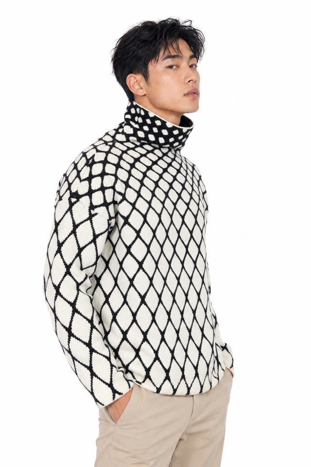 Valentino Diamond Geo Knit Turtleneck Sweater in Black/Ivory