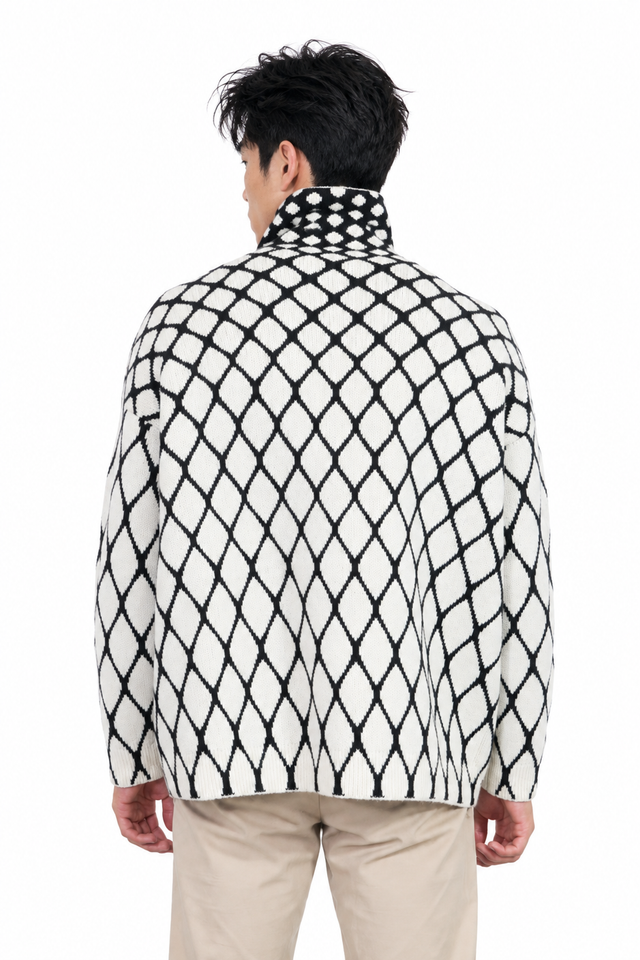 Valentino Diamond Geo Knit Turtleneck Sweater in Black/Ivory