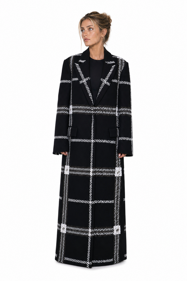 Valentino Plaid Wool-Blend Long Coat in Black & White