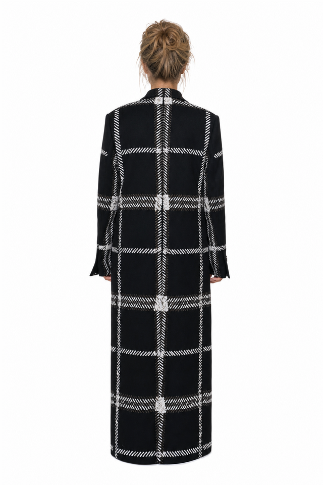 Valentino Plaid Wool-Blend Long Coat in Black & White