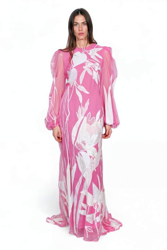 Valentino Pink Sheer Gown with White Floral Embroidery