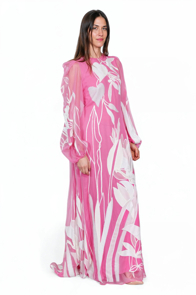 Valentino Pink Sheer Gown with White Floral Embroidery