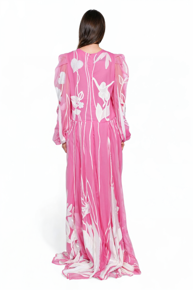 Valentino Pink Sheer Gown with White Floral Embroidery