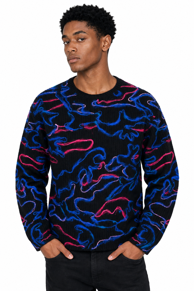 Valentino Neon Abstract Camouflage Intarsia Crewneck Sweater