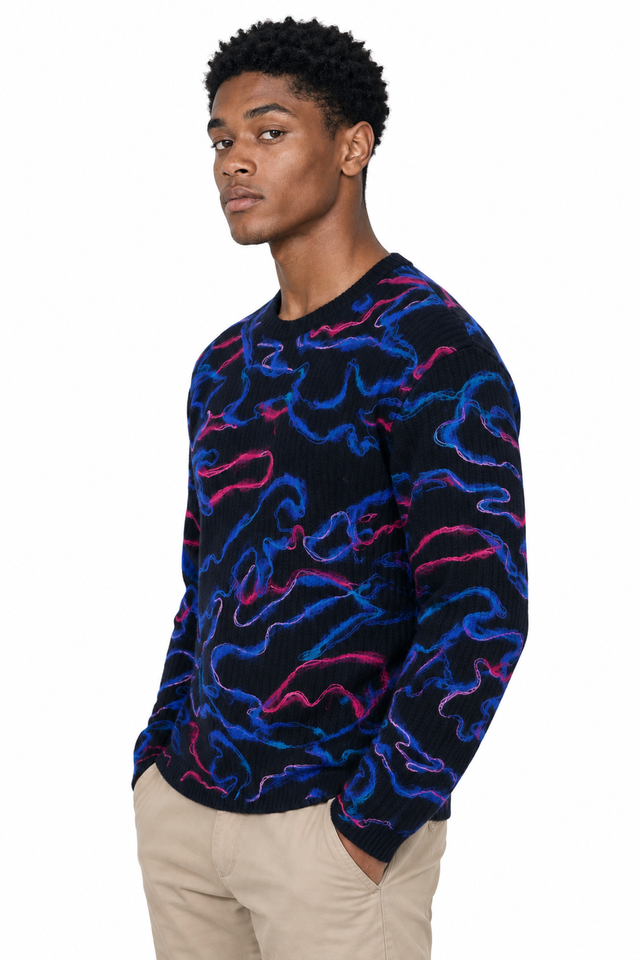 Valentino Neon Abstract Camouflage Intarsia Crewneck Sweater