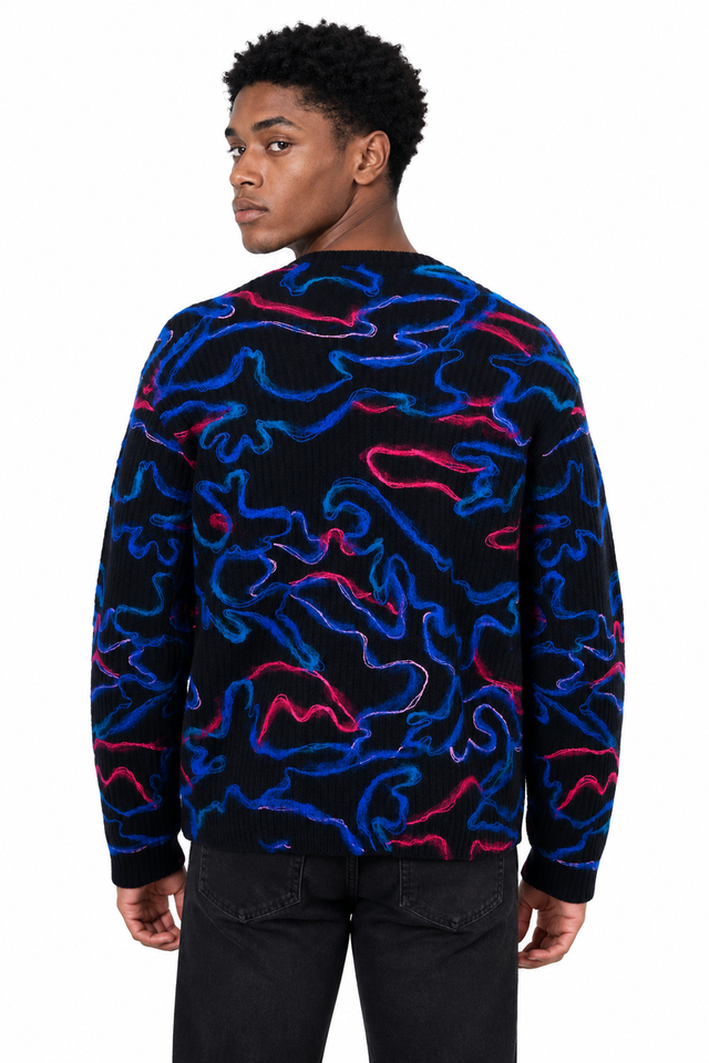 Valentino Neon Abstract Camouflage Intarsia Crewneck Sweater