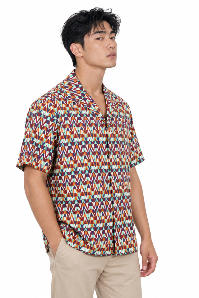 Valentino Men's Geometric Scale Print Silk Bowling Shirt in Mint & Purple