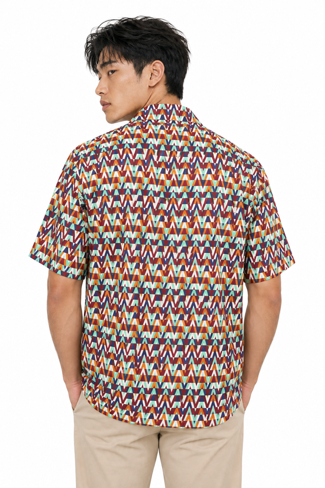 Valentino Men's Geometric Scale Print Silk Bowling Shirt in Mint & Purple