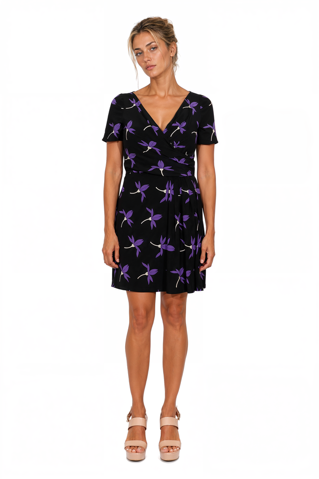 Valentino Floral Print Faux-Wrap Mini Dress in Black & Purple